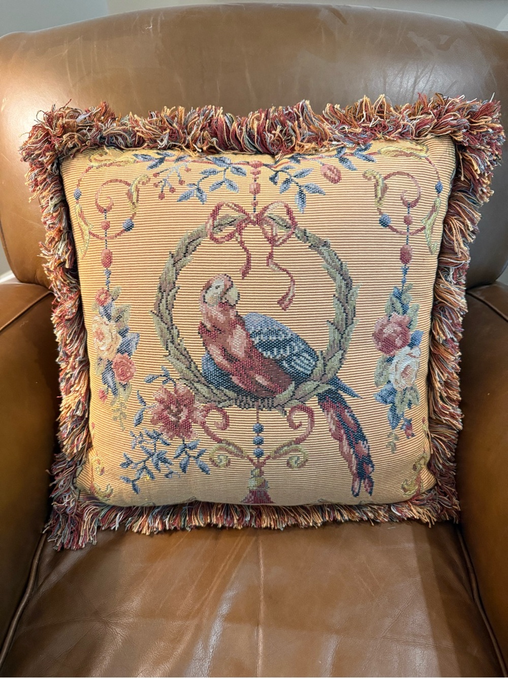 Decorative Tapestry Parrot Throw Pillow in tan